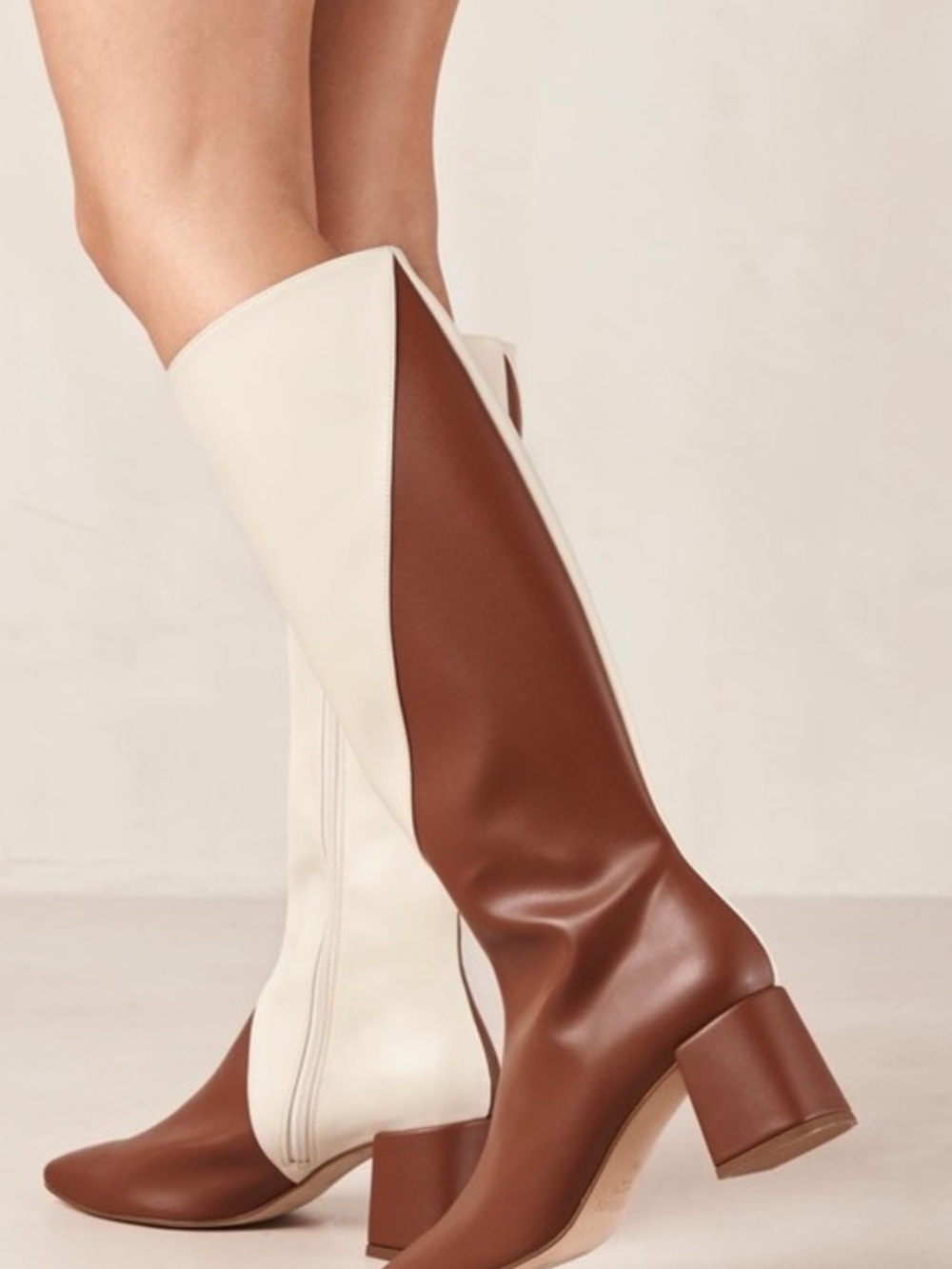 Alohas Two-Tone Brown and Cream Knee-High Block Heel Boots - Women's - Picture 2 of 5
